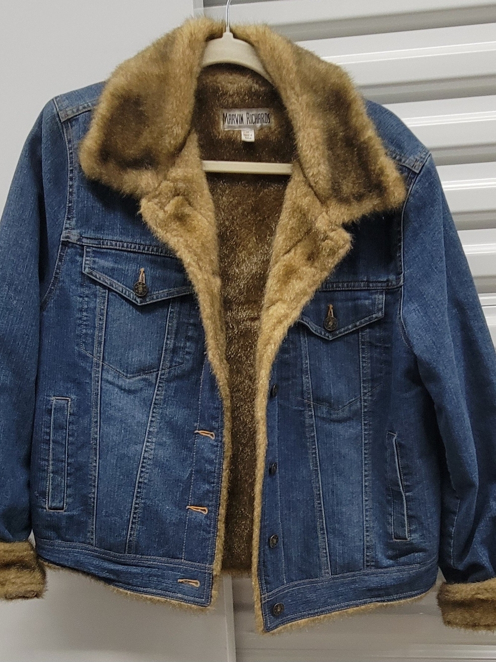 Marvin Richards Men's Blue Denim Jacket with Brown Faux Fur Lining